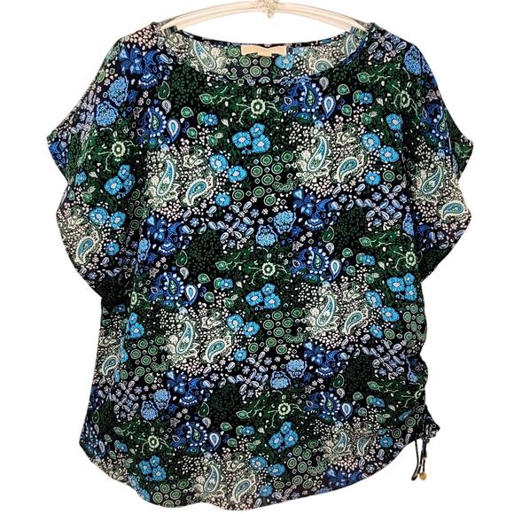 Michael Kors Paisley Floral Flutter Sleeve Cinch Side Short‎ Sleeve Blouse - Picture 1 of 14